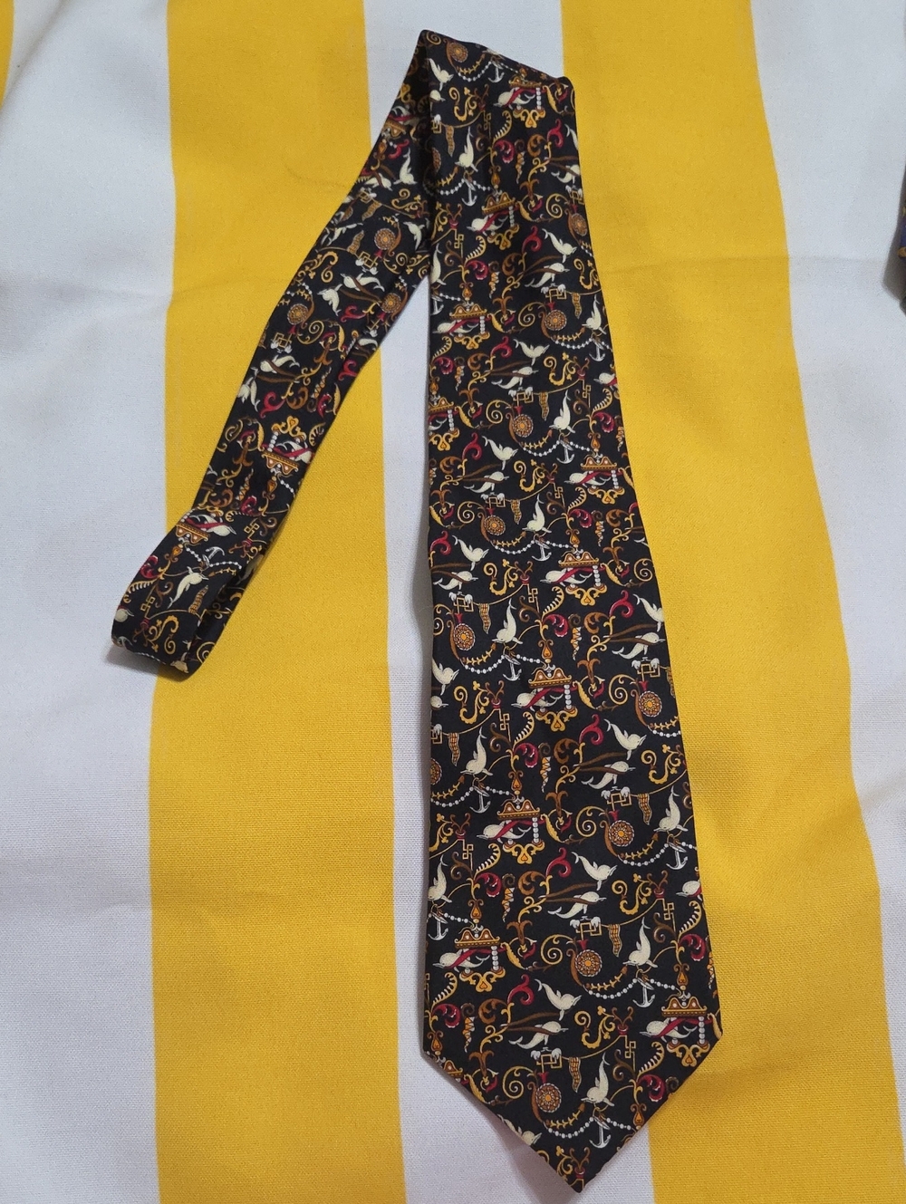 Salvatore Ferragamo Silk Tie Dolphins Anchors Nautical Black Gold Made Italy